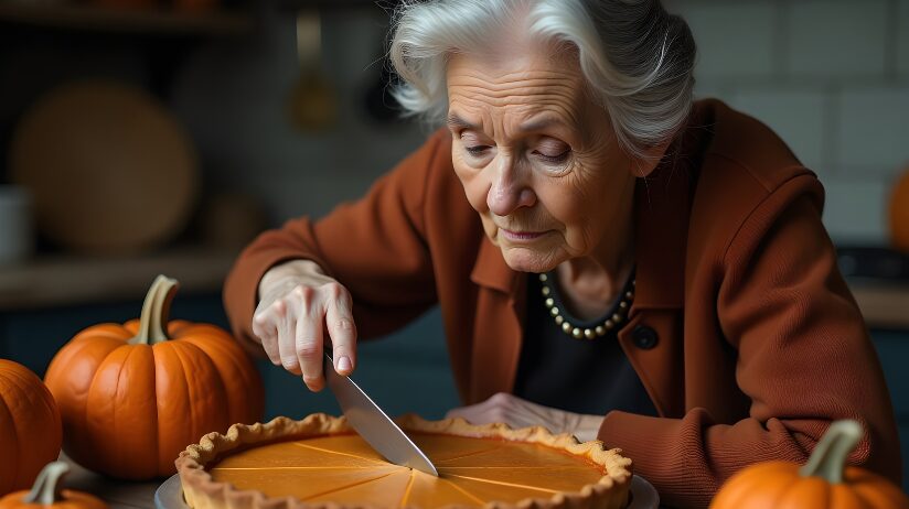 Senior woman cutting a pumpkin pie for Thanksgiving