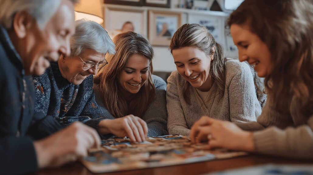 Multi-generational family putting a puzzle together