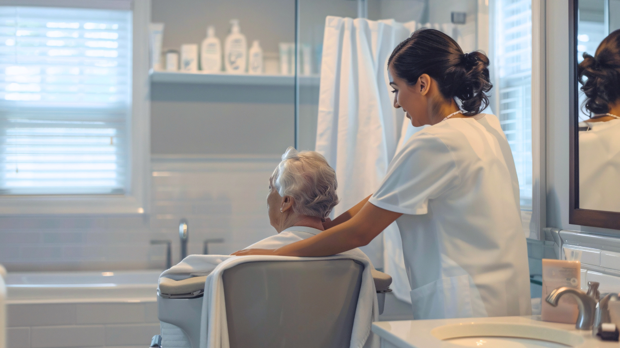 Family caregiver helping a senior woman in the bathroom