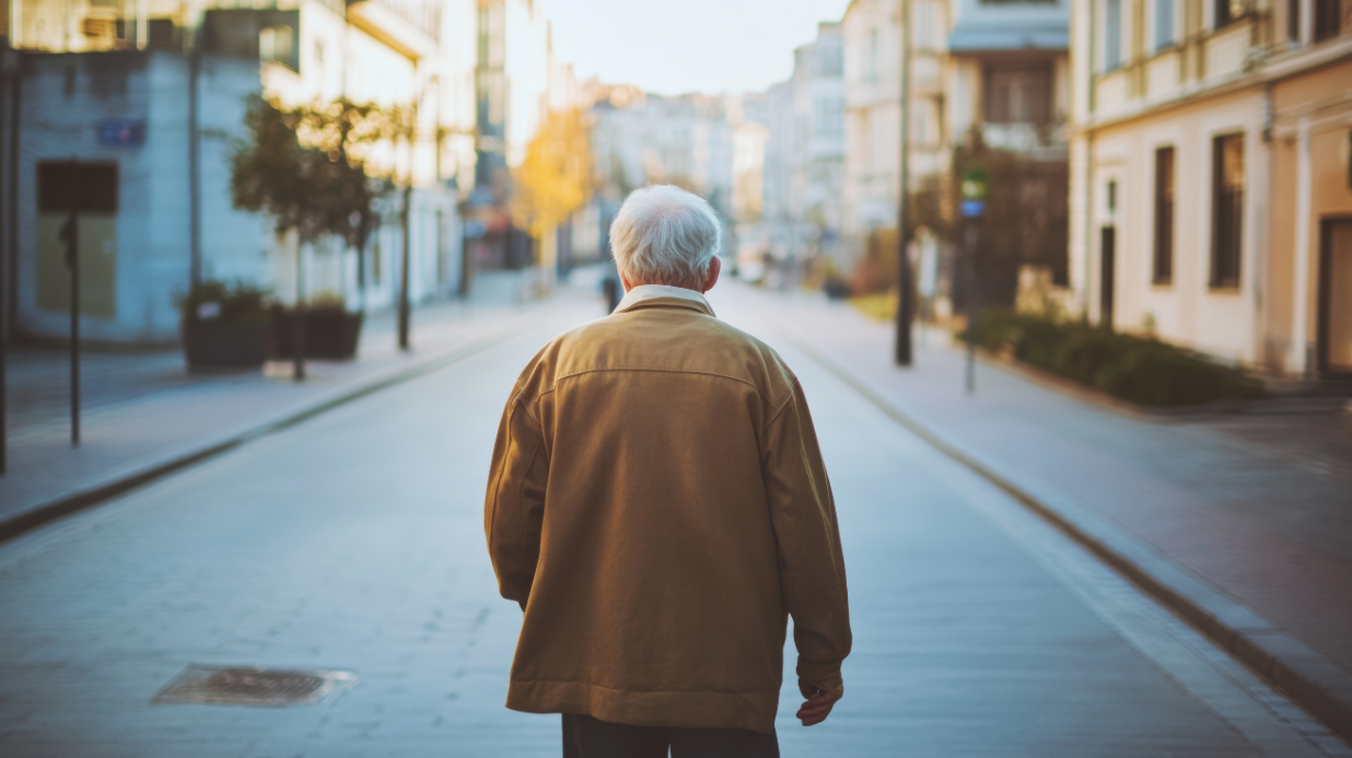 Senior man wandering the streets of neighborhood