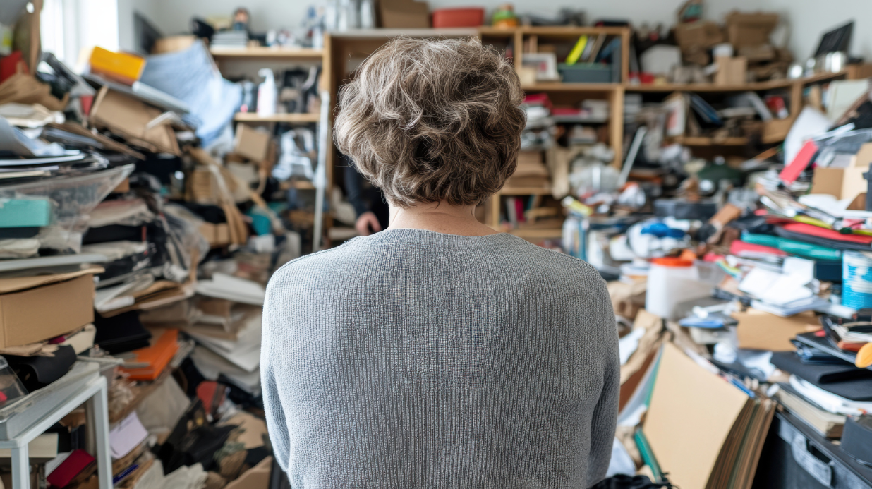 Senior woman in cluttered living room due to hoarding