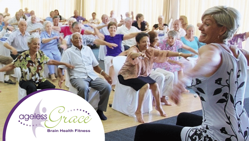 Ageless Grace logo with group of seniors exercising